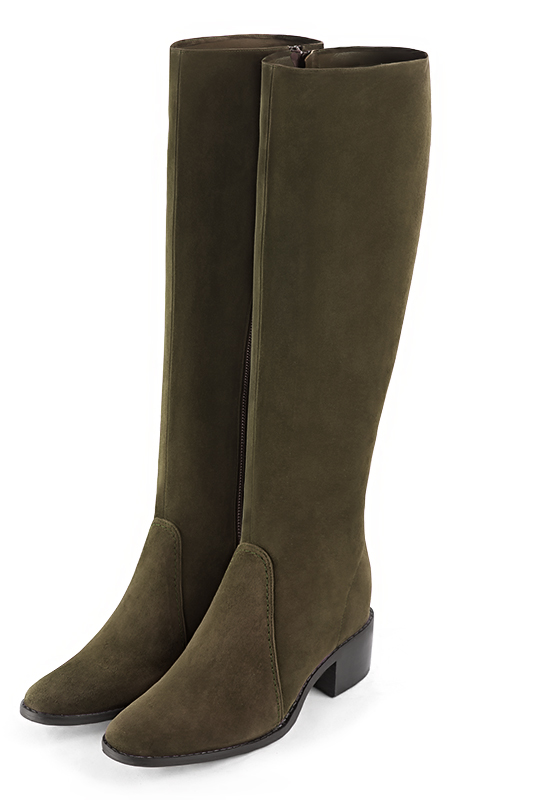 Khaki green women's riding knee-high boots. Round toe. Low leather soles. Made to measure. Front view - Florence KOOIJMAN